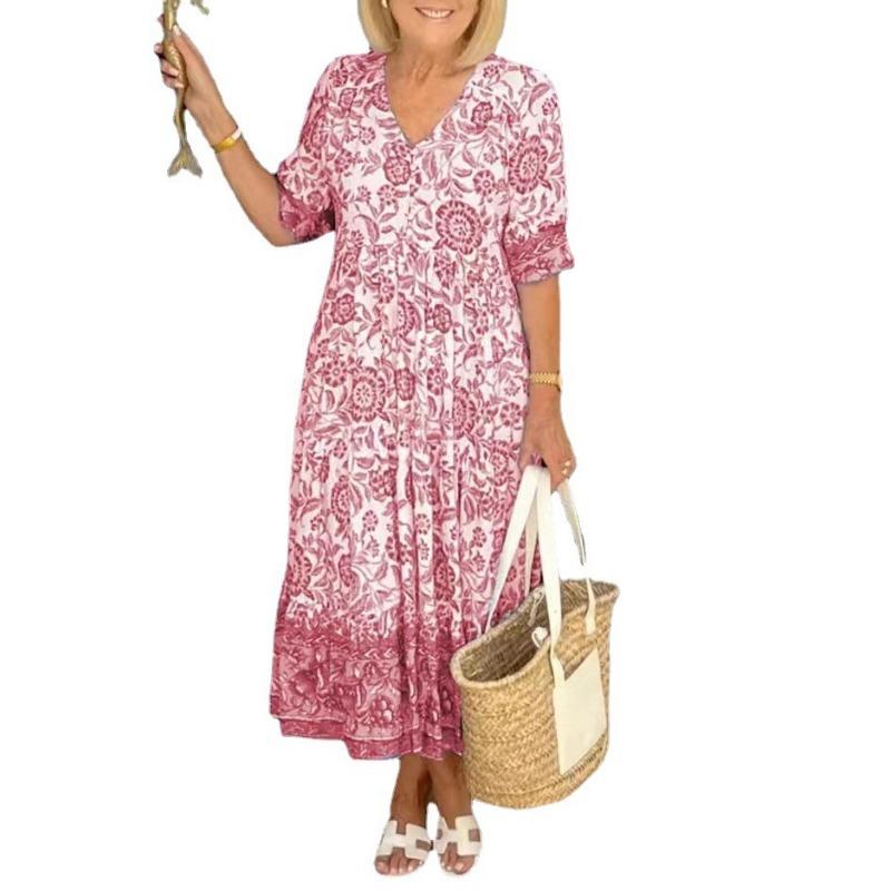 

2025 новое платье супер фея большого размера с V-образным вырезом и цветочным принтом, пляжная юбка для морского отдыха, свободная дикая длинная юбка 23004 5XL розовый