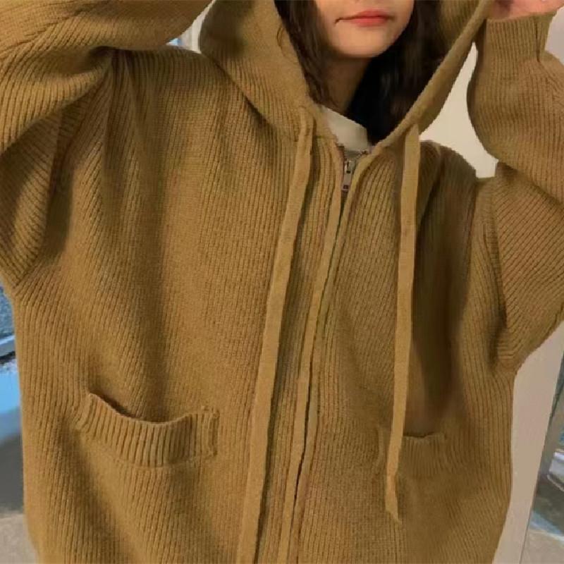 

Spring and Autumn New Lazy Wind Zipper Hooded Knitted Cardigan Top Women s Loose Versatile Skinny Sweater Jacket жёлтый