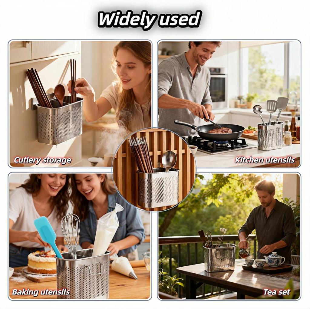 Stainless Steel Chopstick Holder With Drainage Anti-Mold Wall-Mounted Kitchen Storage Box