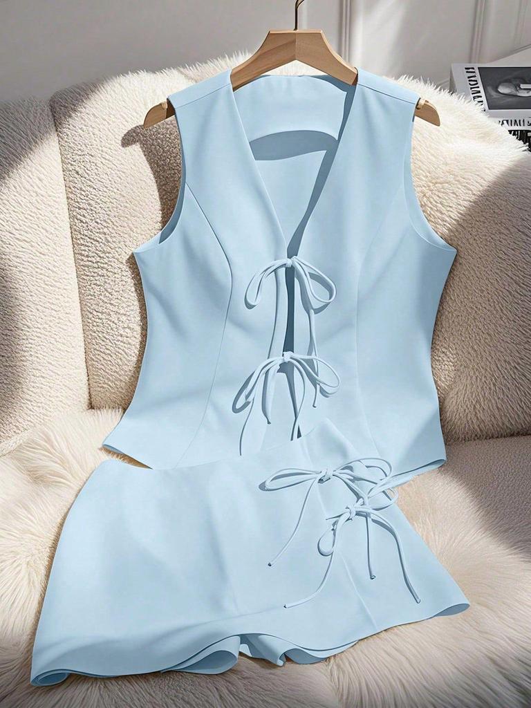 Completo Due Pezzi Estivo Casual da Donna con Top Peplo Senza Maniche Scollo a V Schiena Scoperta Fiocco e Pantaloncini Vita Alta Colore Unico