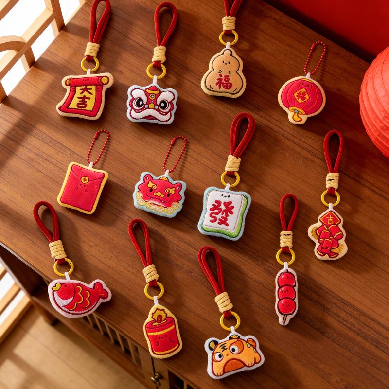 Cute Cartoon  Year Mascot Plush Pendant Keychain Festive Red Stuffed Doll Backpack Pendant Jewelry Accessories Toy Gift