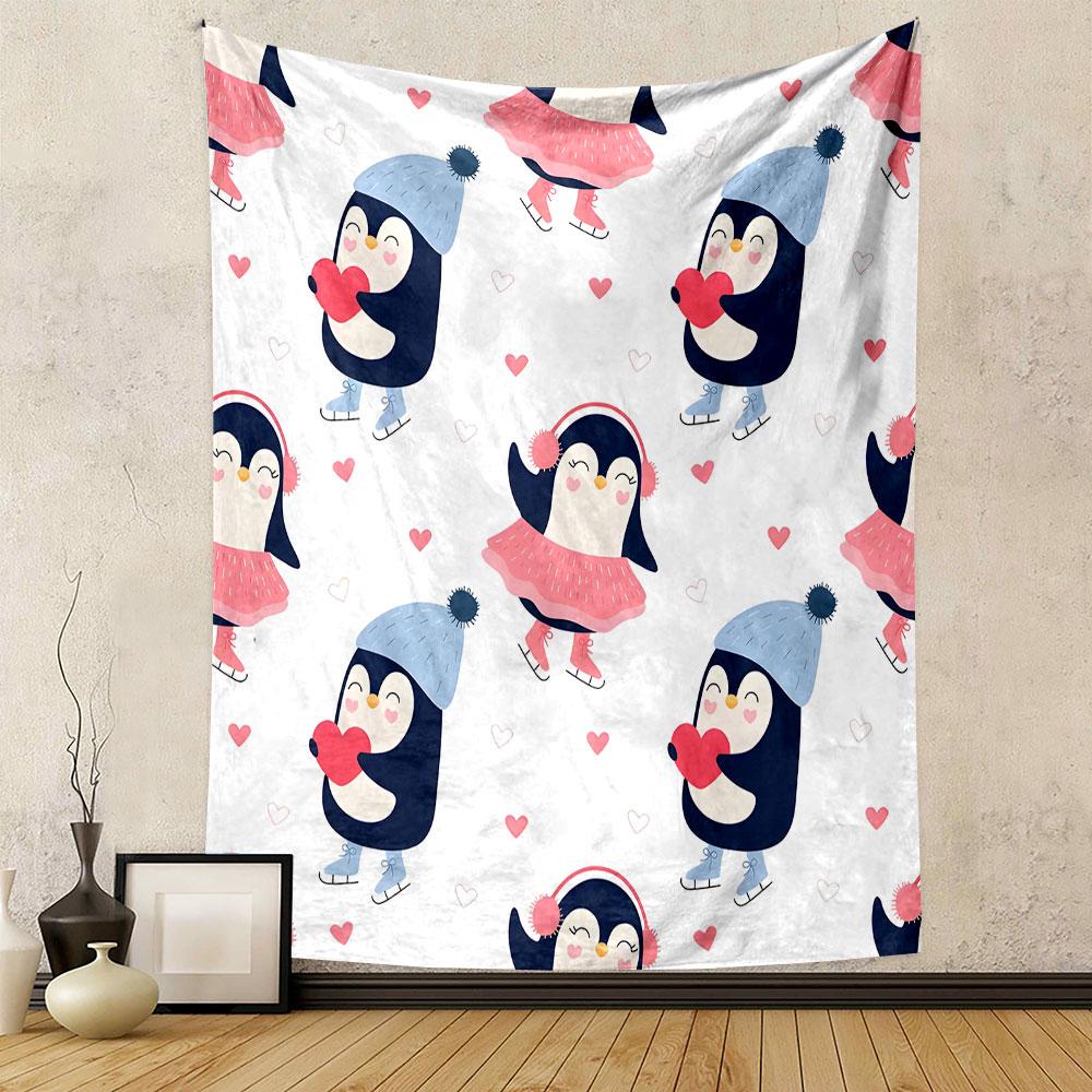 Cute Dancing Penguins In Winter Gear Patterned Tapestry Decorative Wall Hanging, Home Bedroom Living Room Decor