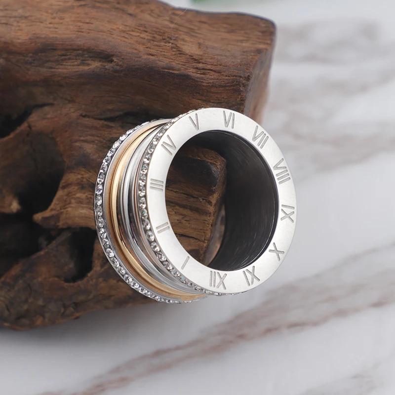 Elegant Stainless Steel Large Rings for Women Roman Alphabet Shiny Zircon Ring Chunky Anillos Mujer Party Wedding Jewelry Luxury
