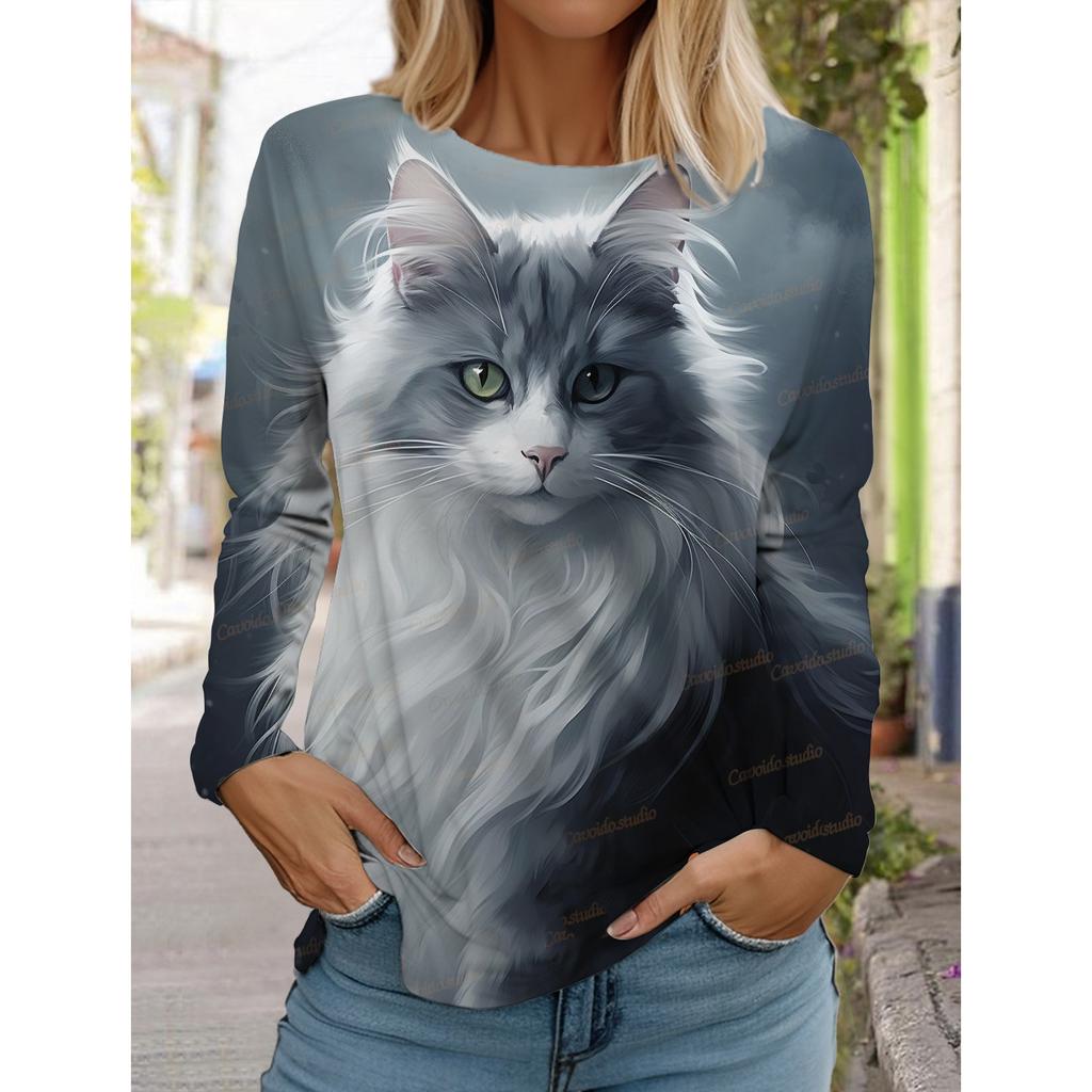 2025 Autumn and Winter Women's Long Sleeve 3D Printed Cute Cat T-Shirt, Streetwear, Round Neck Long Sleeve