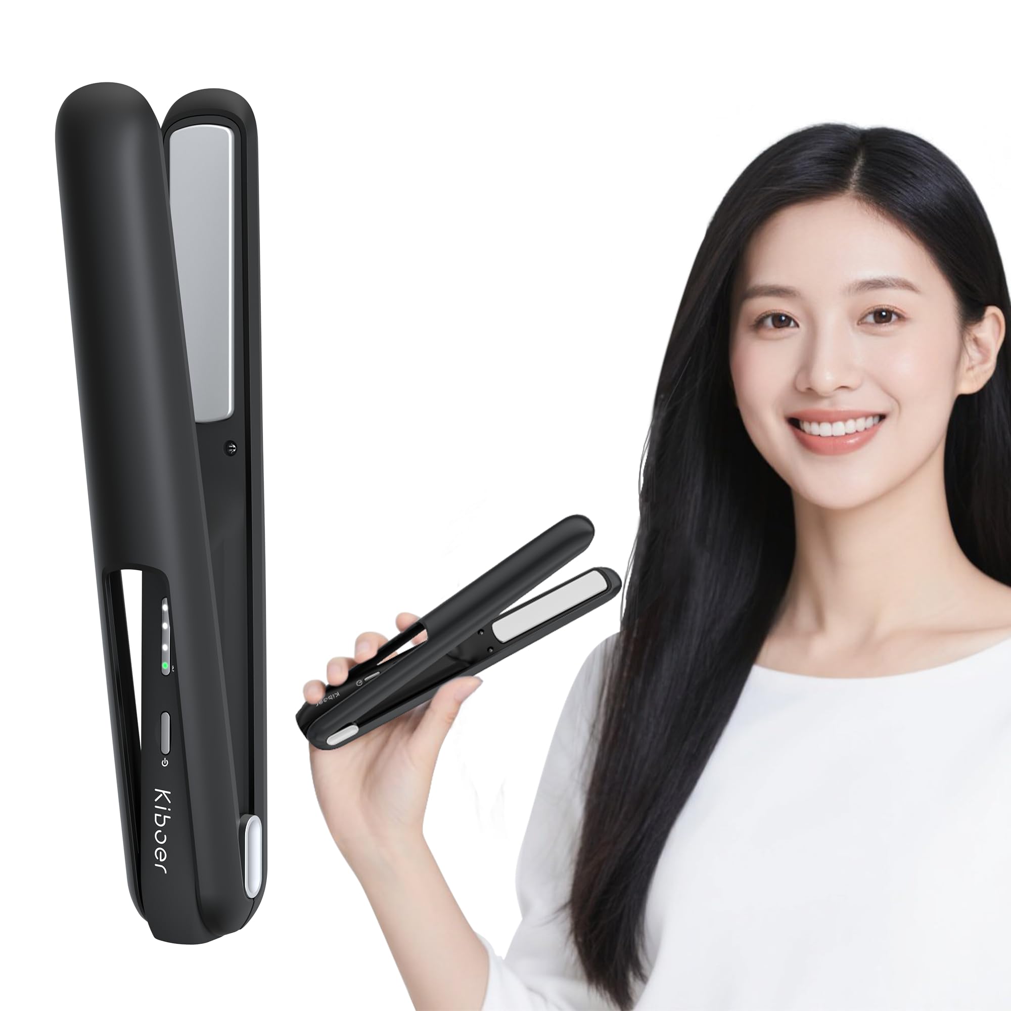 Kiboer Cordless 2-Way Hair Iron - Curl/Straighten, Damage-Free, High-Concentration Negative Ion Technology, Mini, Compact, Lightweight, 18mm Plates fo