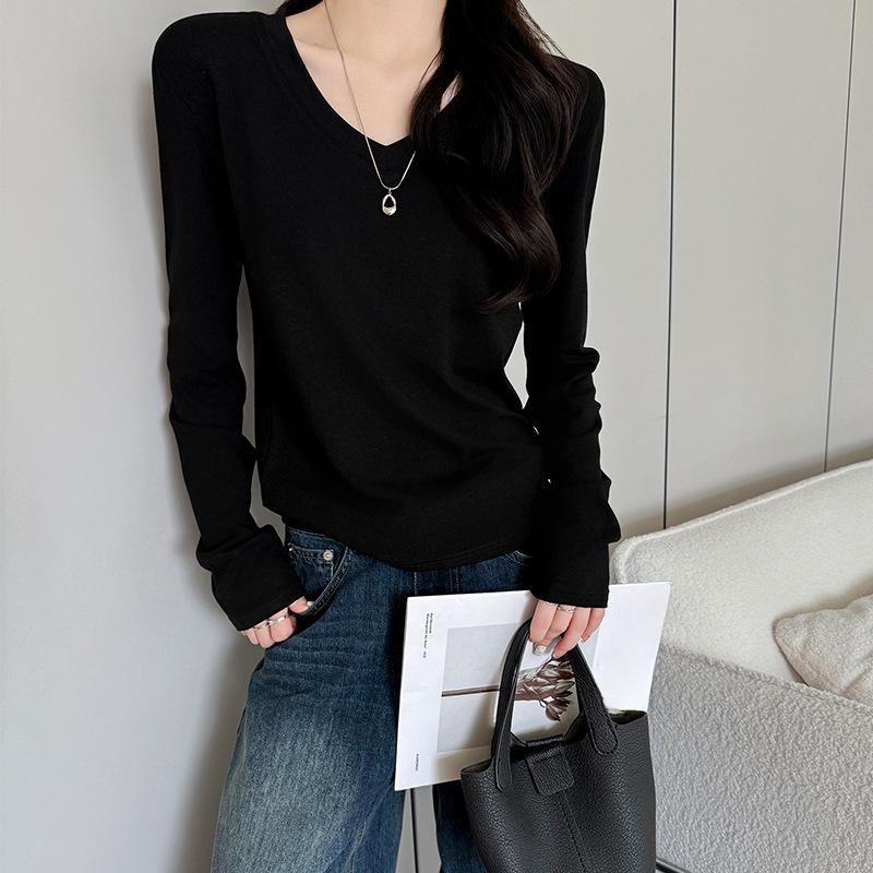White V-neck Long-sleeved T-shirt for Women In Spring and Summer New Loose Slim Base Shirt Underneath Korean Top