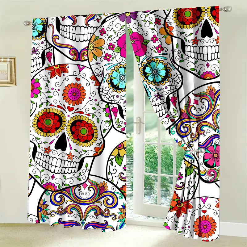 2PCS Digital Print Curtains, Halloween Skull, Halloween Door Decor