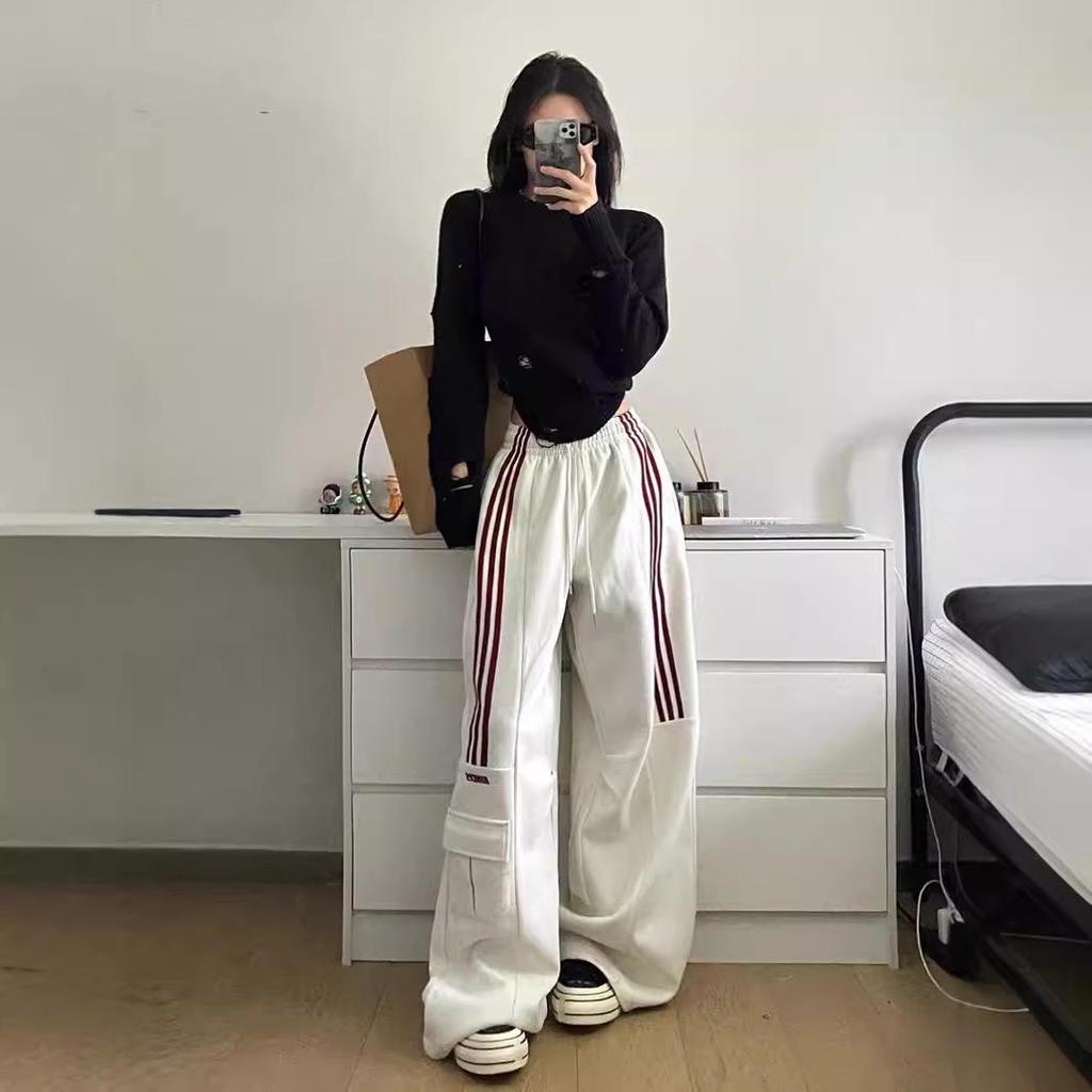 Women's Retro High-Waist Cargo Sweatpants - Three-Stripe, Wide-Leg, Casual Sportswear for Spring & Autumn