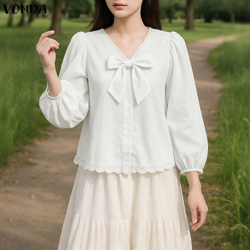 VONDA Women Puff Long Sleeve Lace Hem Bow Knot Casual Blouse Tops
