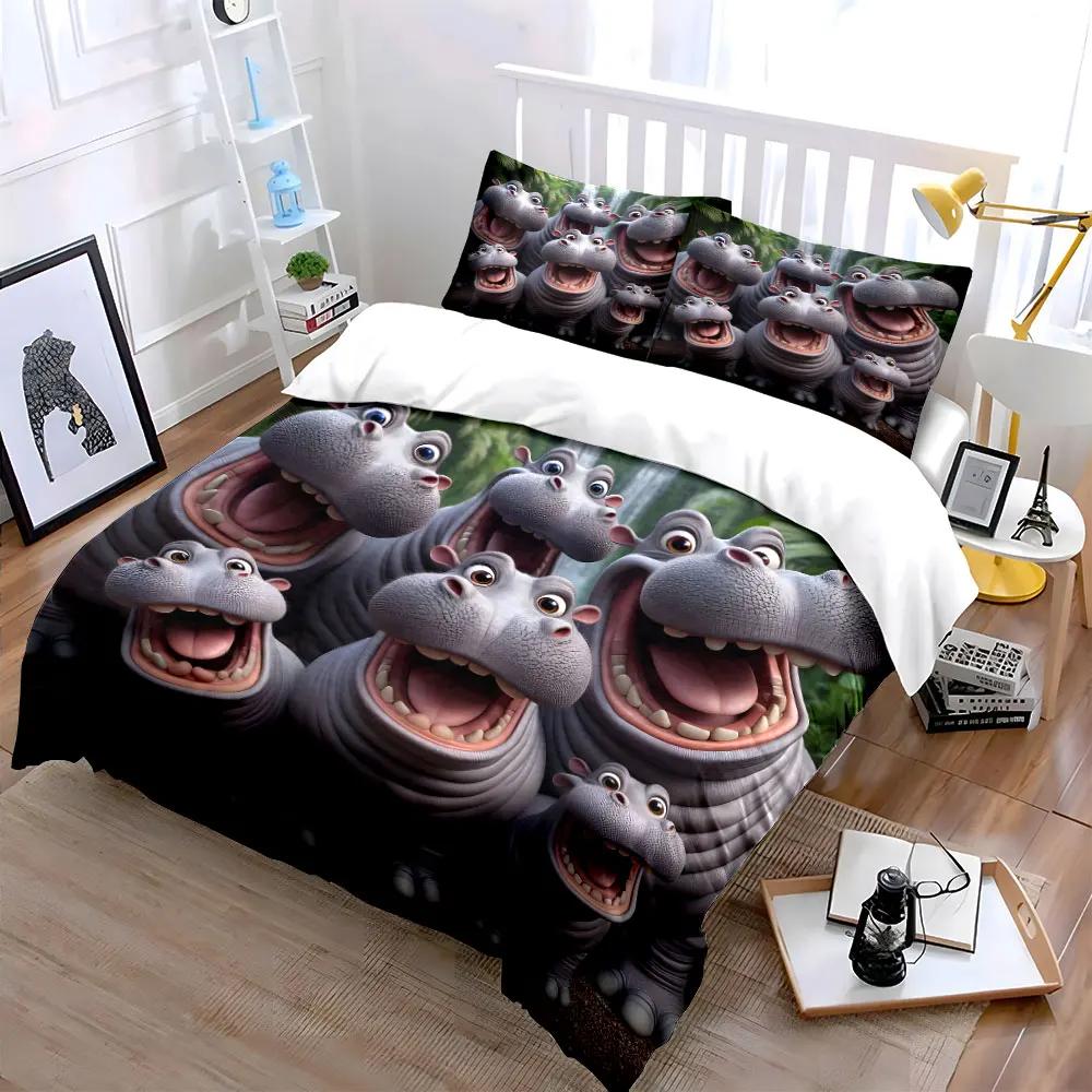 "Cartoon Hippo Trio Decor Set" Soft Comfortable Duvet Cover Bedding Set Included 1*Duvet Cover & 2*Pillowcases, gift