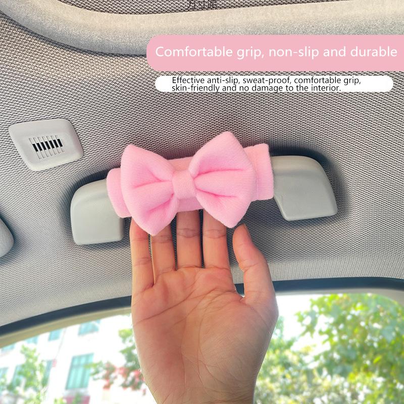 1Pc Car Roof Armrest Covers Soft Suede Protective Cover Car Roof Handle Cover Auto Interior Cute Bow Tie Accessories