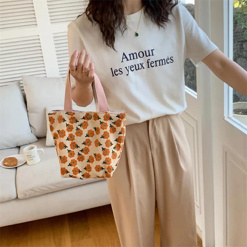 Casual Women Portable Lunch Bento Bag Retro Flower Ladies Small Handbags Thin Corduroy Female Shopper Clutch Purse Shoulder Bags