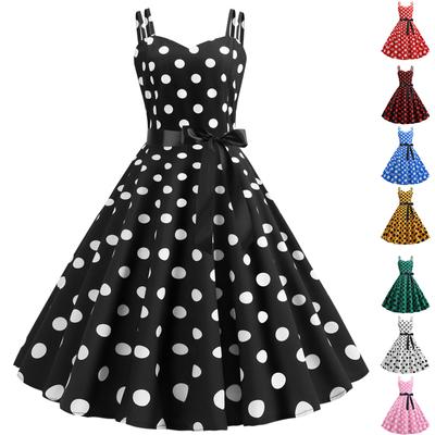 Women's Retro Style Dress With Double Suspenders And Polka Dot Printed Large Skirt