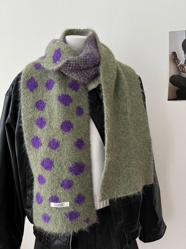 Korean Style Polka Dot Plush Knitted Scarf Soft Thick Color-Block Scarf Thermal Windproof Neck Warmer Scarves