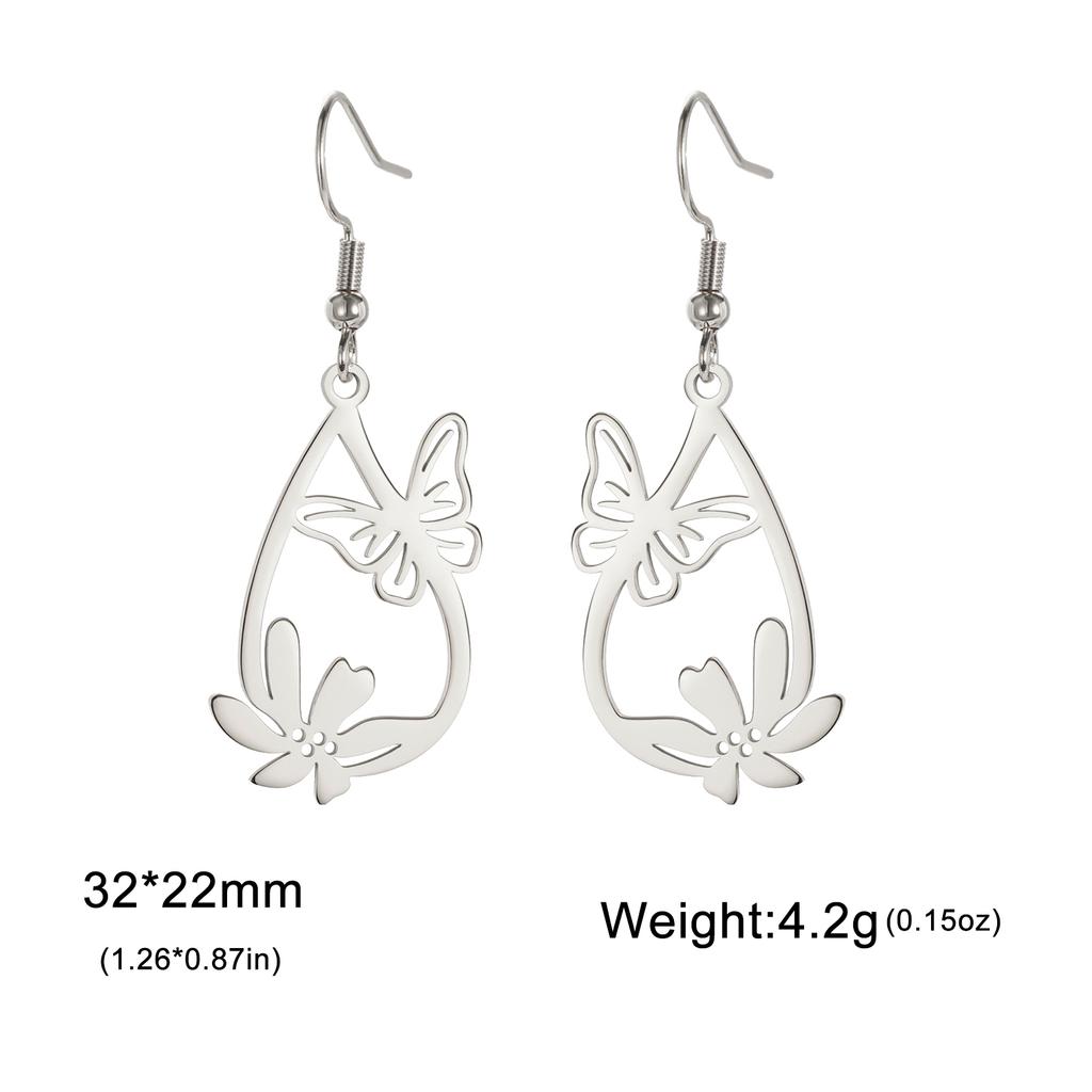 Teamer Butterfly and Flower Waterdrop Pendant Earrings Women Girls Stainless Steel Gold Color Hoop Earring Bohemian Jewelry Gift