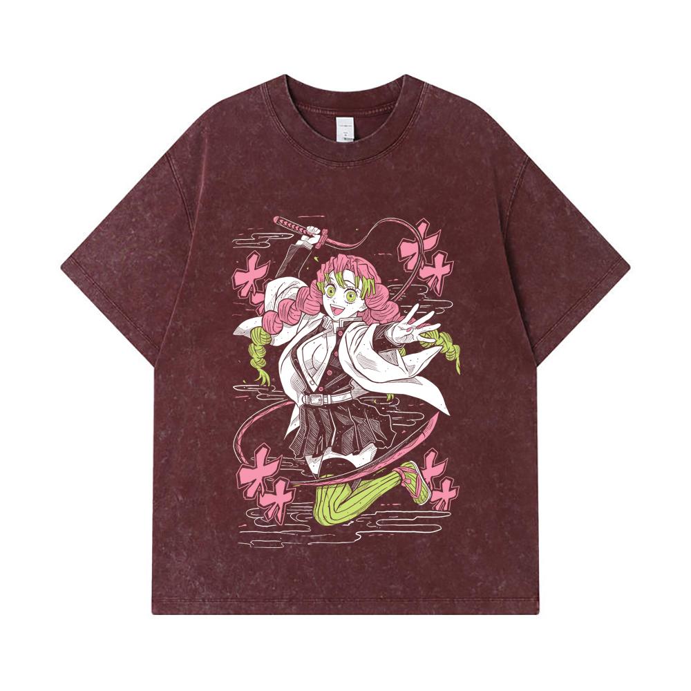 275 GSM Gewaschene T-Shirts 100% Baumwolle Demon Slayer V49 Mitsuri Aufdruck Unisex Schweres Baumwoll-T-Shirt