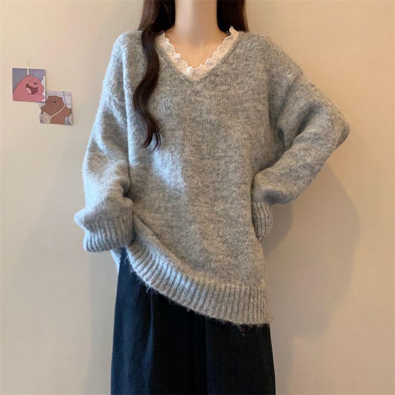 Dámský svetr s krajkou a výstřihem do V, volný úplet, nadměrná velikost