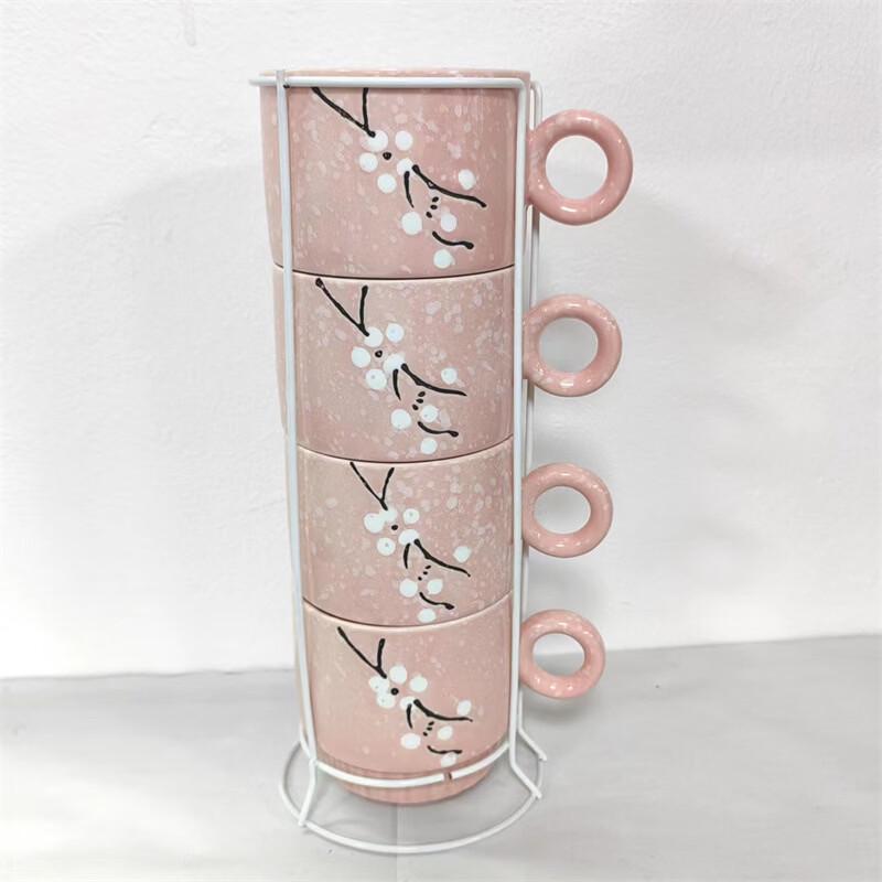Japanese Hand-Painted Snowflake Stacking Ceramic Tea Cups Set