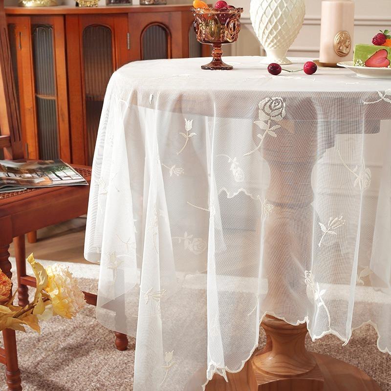 Vintage French Lace Tablecloth White Floral Embroidery Sheer Table Cover for Tea Party Cottagecore Decor