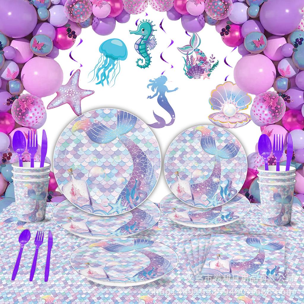 Fish Scale Theme Party Supplies Decoration Birthday Tableware Fish Tail Arrangement Flag Paper Towels Paper Cups Tablecloth Paper Plate Modeling