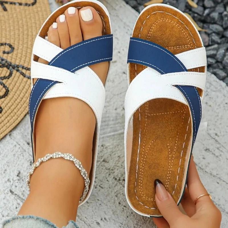 Fashion 2025 Summer New Color Blocked Fashion Women's Thick Bottom Slope Heel Slippers Outdoor Women's Sandals Summer Women Shoes