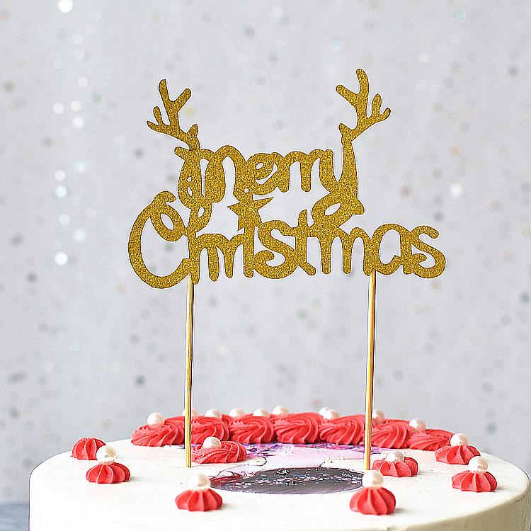 Gold & Green Glitter Merry Christmas Tree Cake Topper Decoration