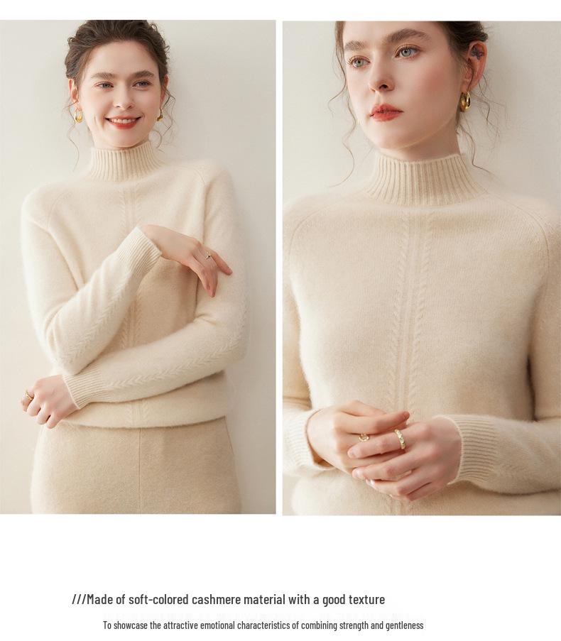 Women's Seven-Gauge Cashmere Sweater - Thick, Long-Sleeve, Solid Color, Half-High Neck Pullover for Autumn and Winter Warmth.