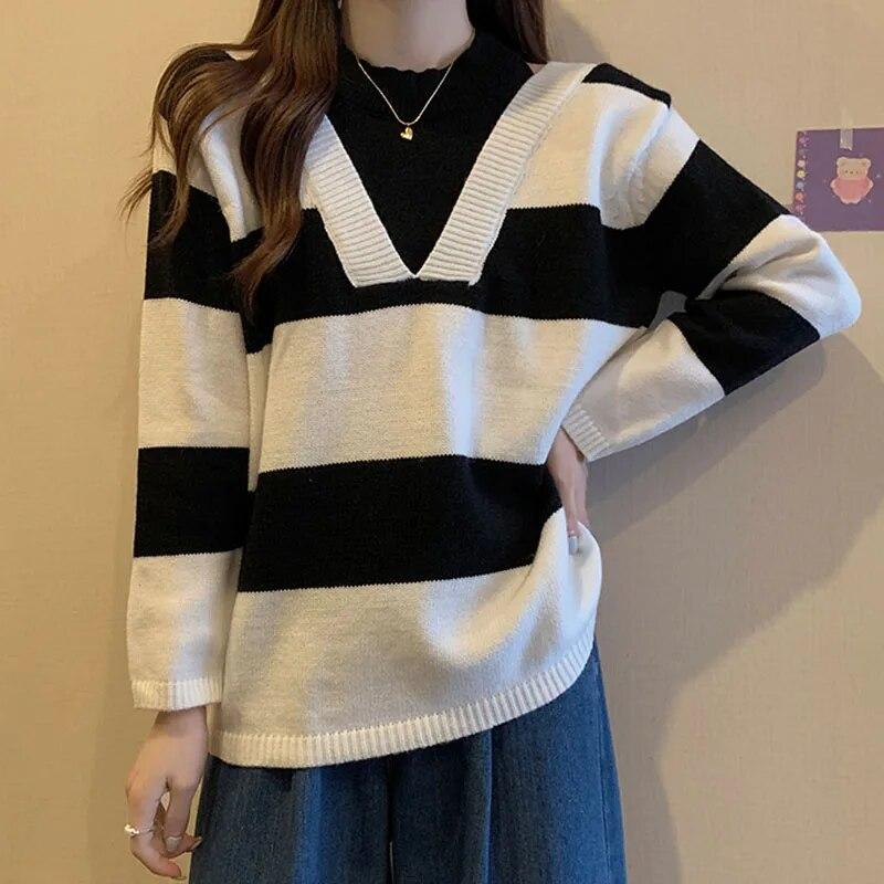 Winter Autumn Striped Sweater Women Casual Loose Sexy Off Shoulder Knitted Pullovers Sweaters Office Lady Knitwears 28931