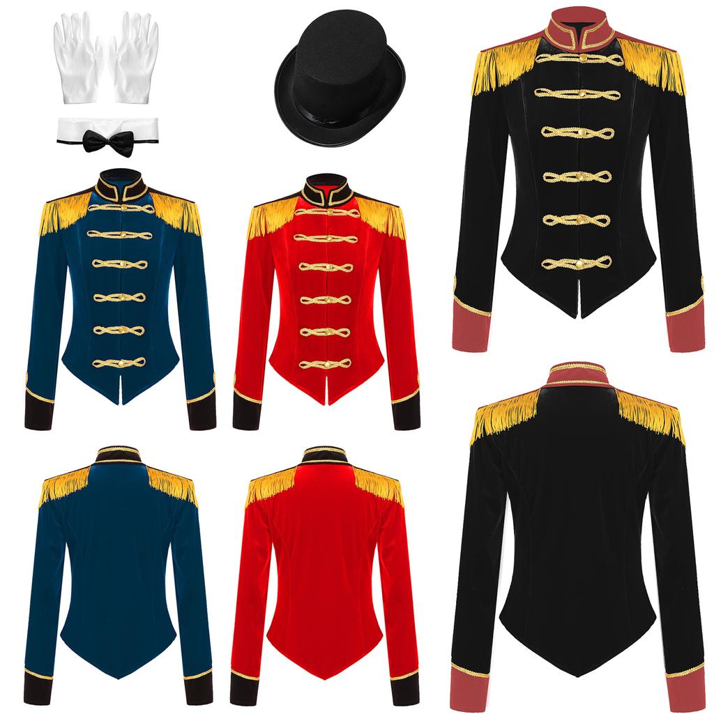 Damen Zirkusdirektorin Kostüm Schausteller Cosplay Quaste Viktorianische Jacke mit Hut Handschuhen Bühnenshows