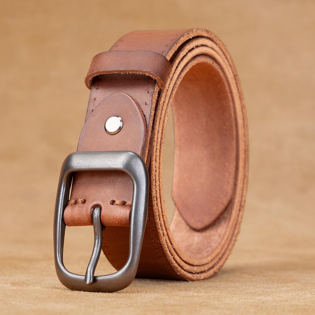 

Retro Belt Men S First Layer Cowhide Genuine Leather Versatile Tree Paste Leather Pin Buckle Belt Young And Middle-Aged Belt 130cm