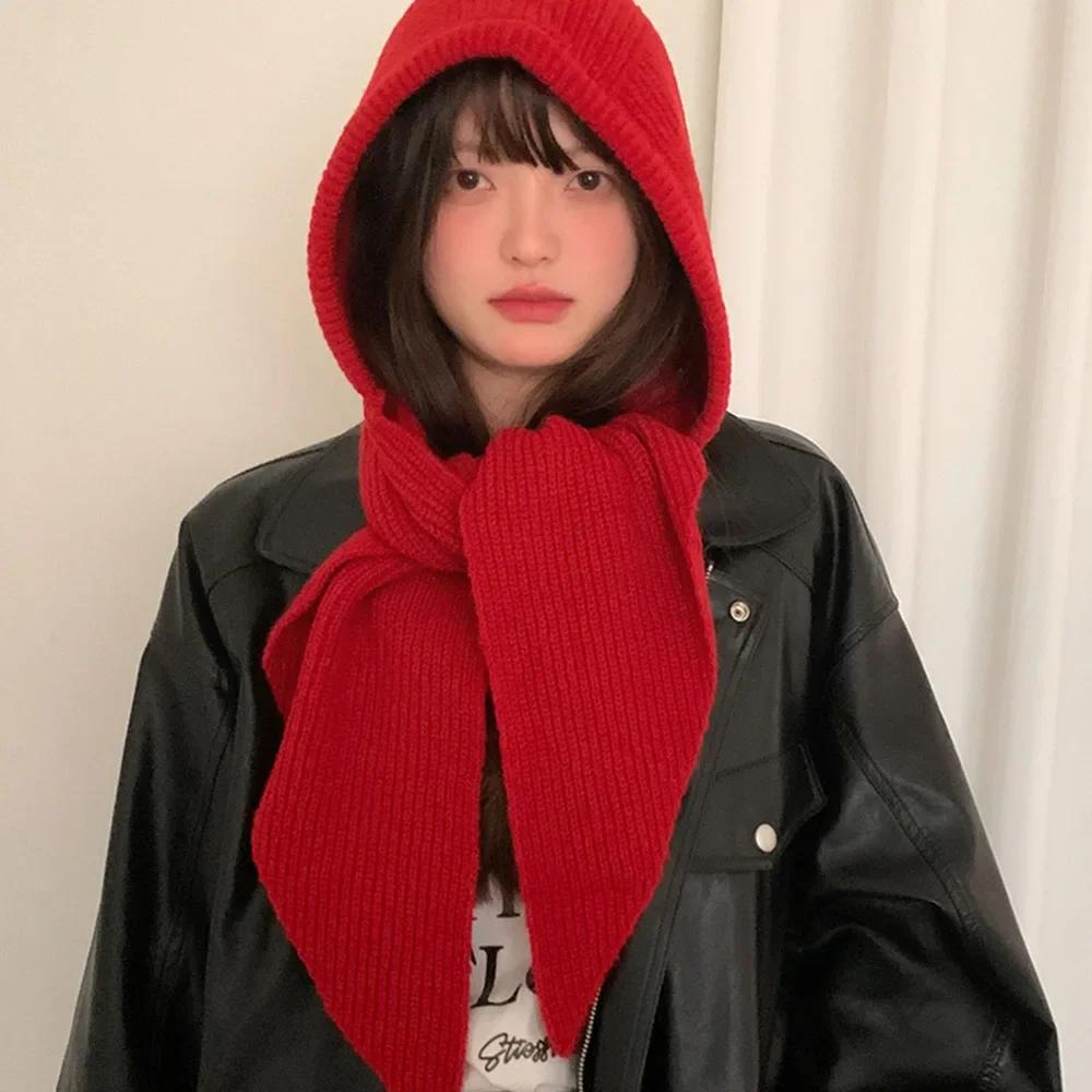 Korean Balaclava bonnet beanies y2k Hat scarf one-piece thickened warm retro Neck protection winter accessories knitted Law hat