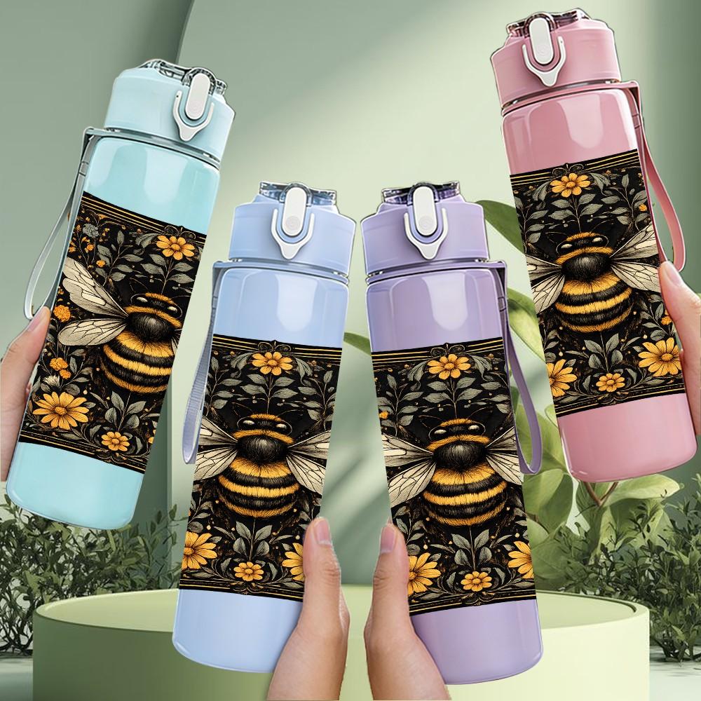 1PC Decorative Bee Pillow Print 750ml Color Plastic Sports Water Bottle Leakproof Flip Straw Lid Suitable for Sports Office Home Use