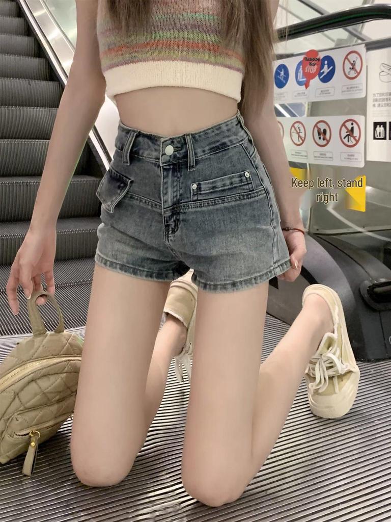 Spicy Girl Retro High Waist Denim Shorts: Women's Summer A-Line Slimming Wide Leg Trend