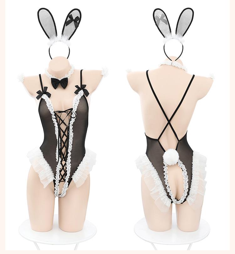 Cute Bunny Girl Cosplay Costumes Women's Underwear Lace Sexy Bodysuit Ruffles Bandage Hollow Rabbit Uniform Lingerie for Sex