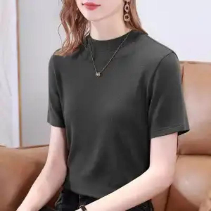 Womens Casual Solid Color Mock Neck Short Sleeve T Shirt