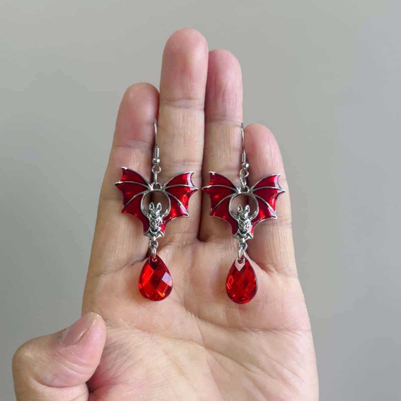 Silver Bat & Red Black Water Drop Gothic Punk Halloween Earrings
