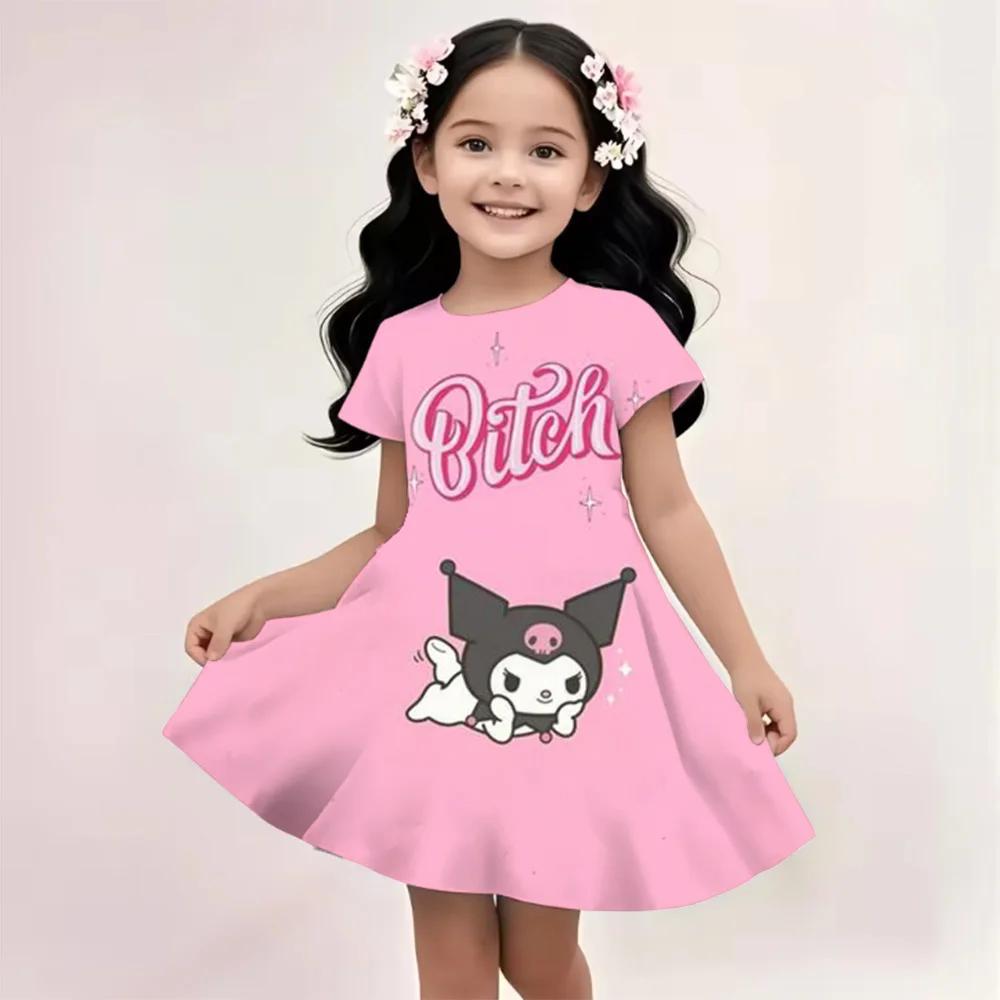 Sanrio Summer Dress Fashion Cartoon Cute Cinnamoroll Hello Kitty 3D Printing Dress Kid Short Sleeve Princess Clothing Kuromi
