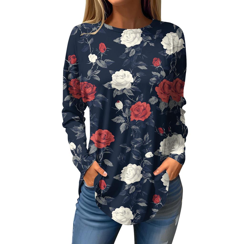 Women's Loose Casual Flower Printed Round Neck Long Sleeved T Shirt Top Pullover Long Sleeved Sweatshirt