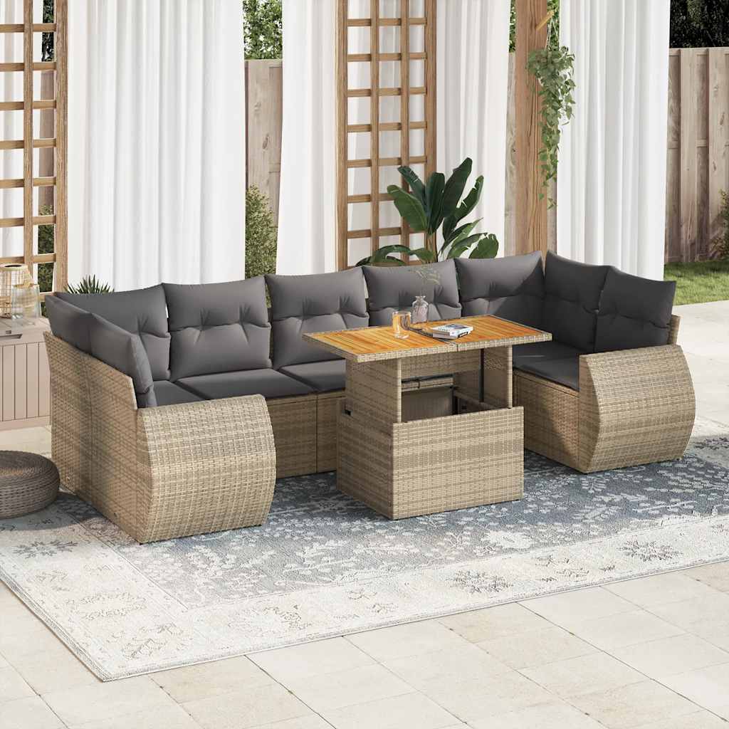 Vidaxl 8-Cz. Garden Furniture Set With Cushions, Beige, Poly Rattan
