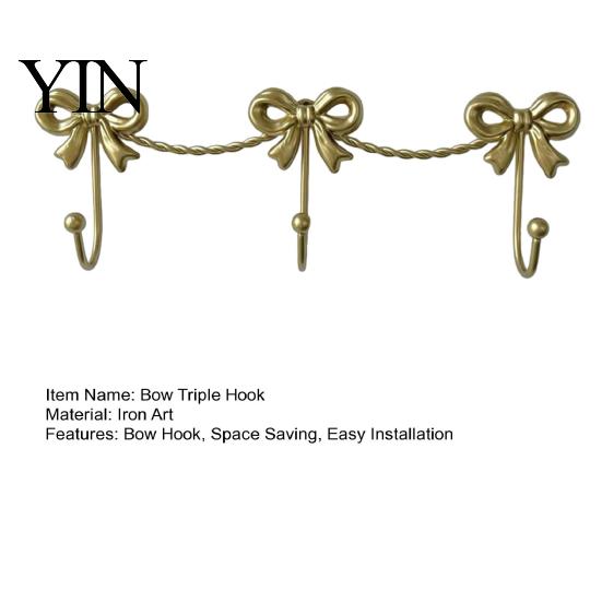 Retro Bedroom Wall Hook Iron Art Bow Triple Hook, Mounted Decorative Hanger, French Hanger Style Gold Metal Organizer for Entryway Bathroom And Three