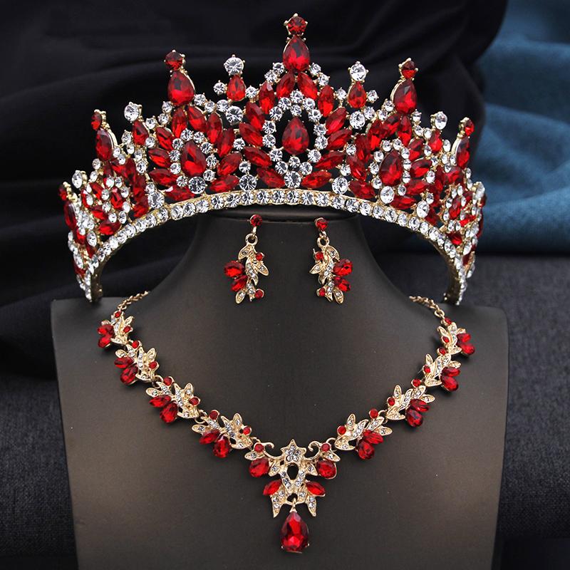 Golden AB 3 Pcs Tiaras and necklace earrings for Bridal Jewelry Sets Women Brides Wedding Crown Prom Birthday Accessories