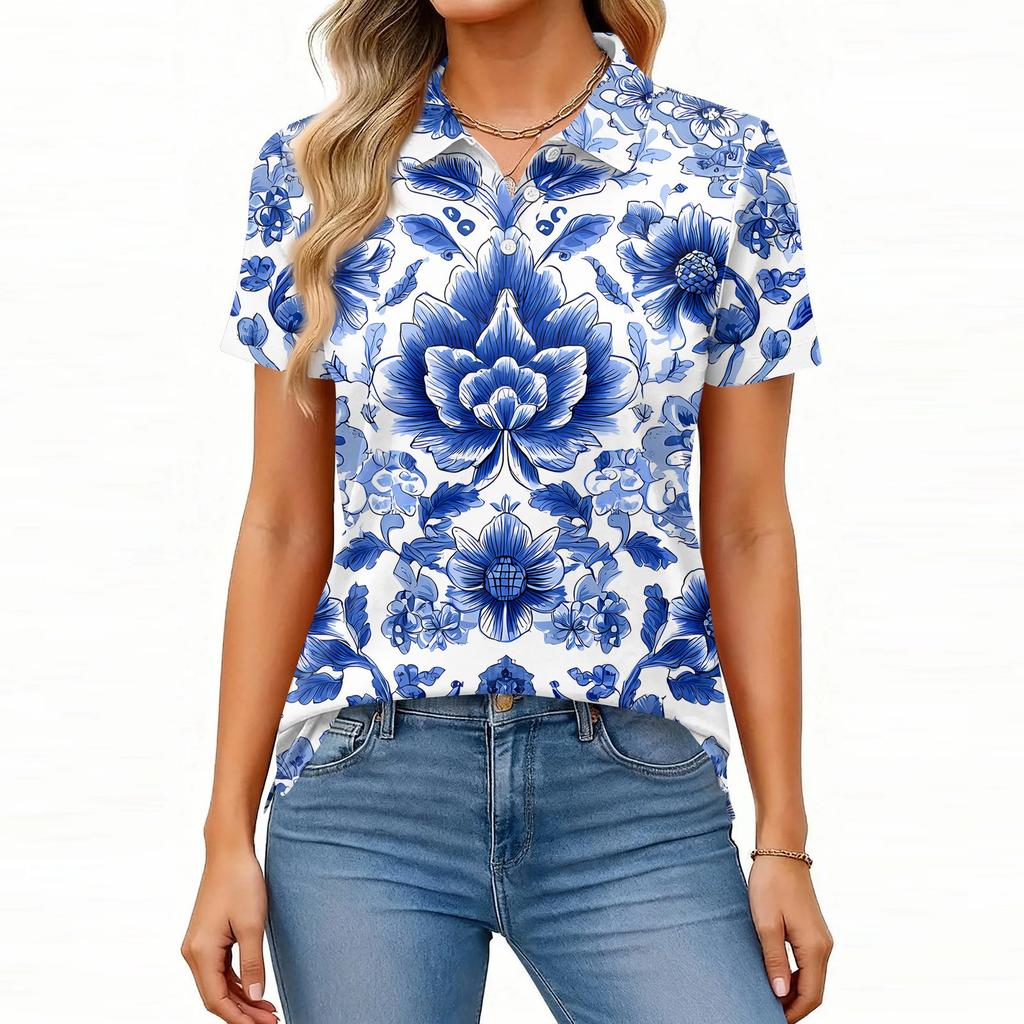 Women's Fashion Casual Lapel Short Sleeve Printed Shirt Women's Button Up Tops
