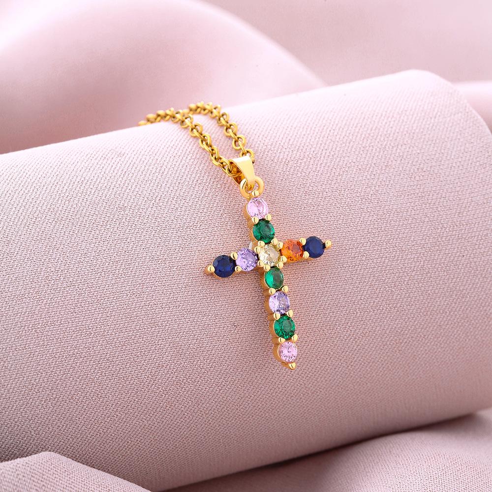 Fashion mixed color zircon cross pendant necklace WOMEN'S simple trendy unique ornament