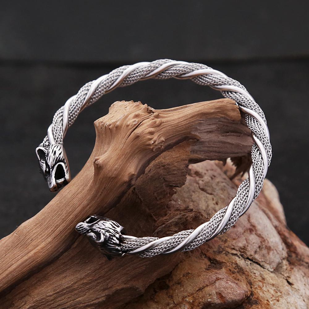 Vintage Viking Wolf Head Bracelet for Men Punk Hip Hop Stainless Steel Open Bracelet Fashion Jewelry Gift