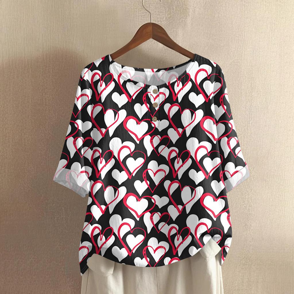 Damska casualowa bluzka z bawełny i lnu, z krótkim rękawem, okrągłym dekoltem i nadrukiem walentynkowym