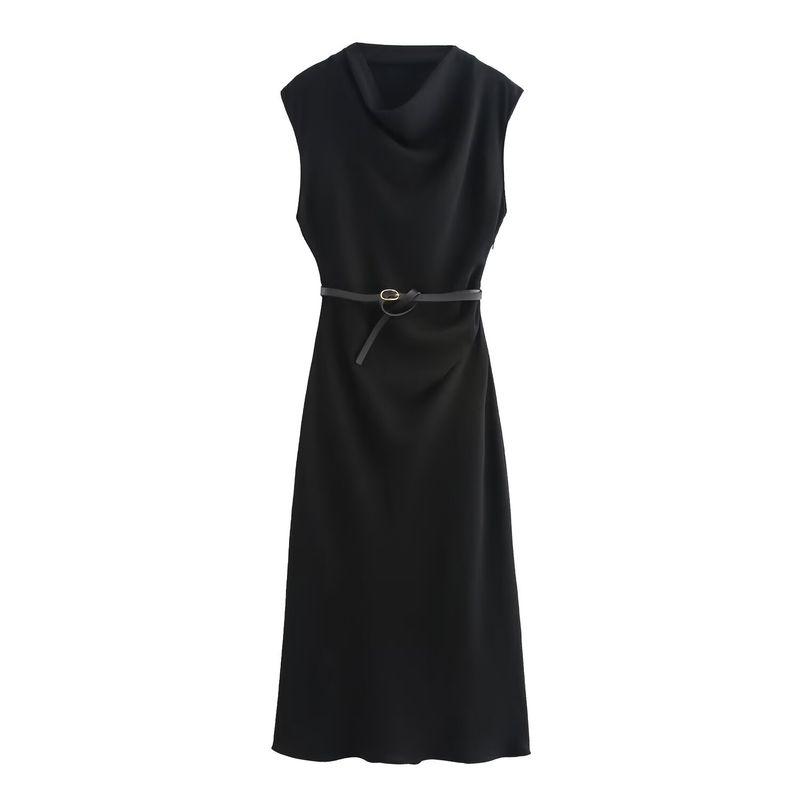 

Kaslead New Arrival Women s Clothing Fashion Style Fashion Simple and Thin with Belt Midi Skirt Dress Black L