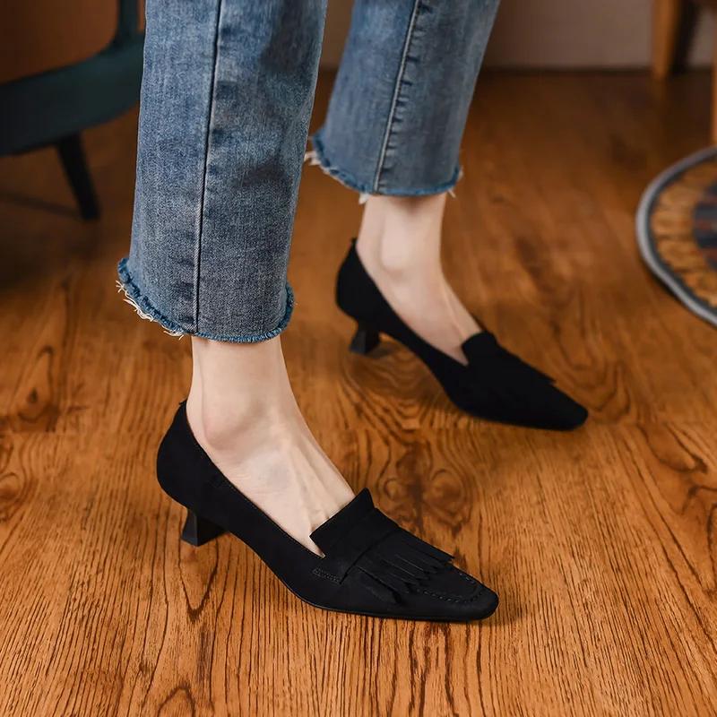 Fashion 2025 Spring/Autumn Sheep Suede Women Shoes Comfortable Retro Women Pumps Square Toe Heels Shoes Women Zapatos De Mujer Tassel