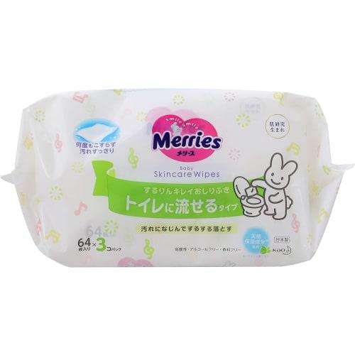 Merries Flushable Baby Wipes, Sururin Kirei Refill (64 wipes x 3) x 3-pack set