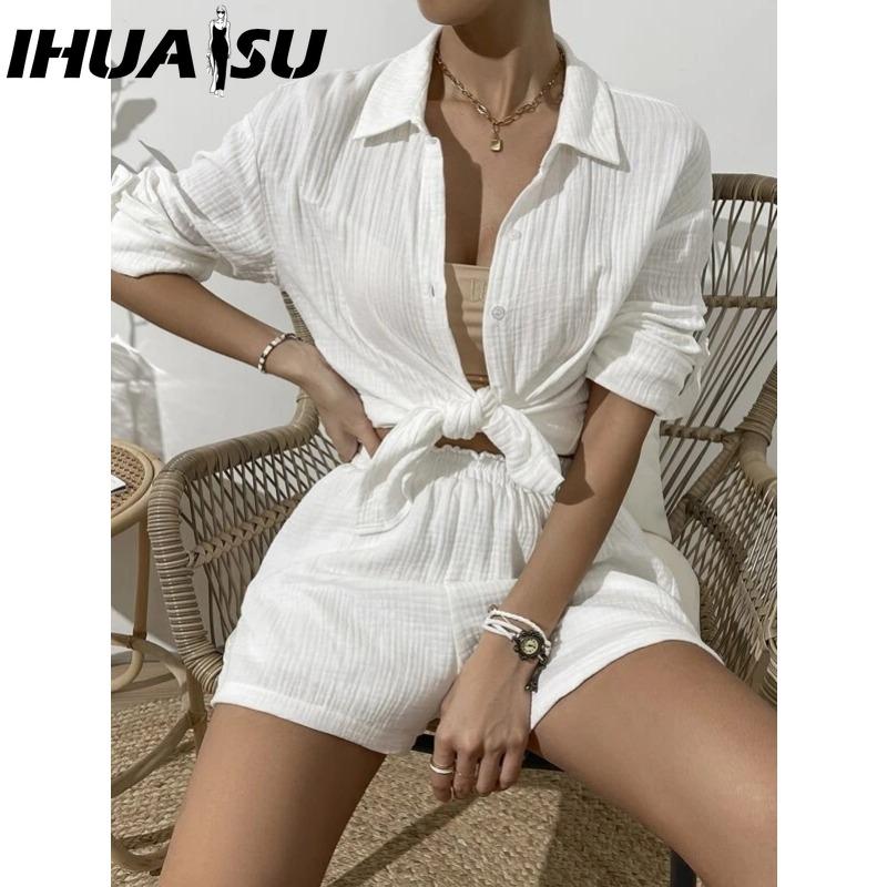 IHUASU Women's Spring and Summer Fashion Solid Colour Long-sleeved Shirt Suit Women Casual Loose Shorts Two-piece Set
