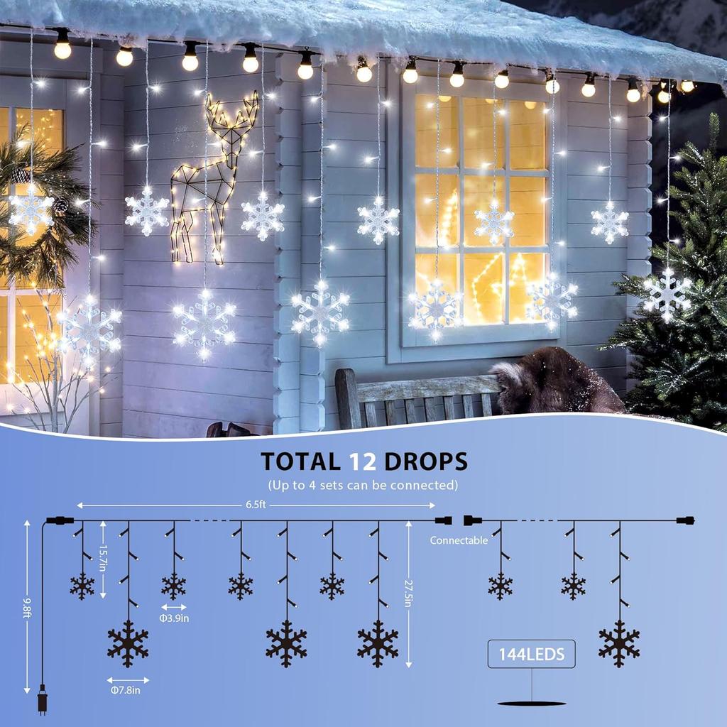 Christmas Snowflake Icicle Lights,6.5ft 144LED Curtain Lights Outdoor with 12 Drops, 8 Modes Waterproof Connectable Fairy Light for Eaves, Garden,